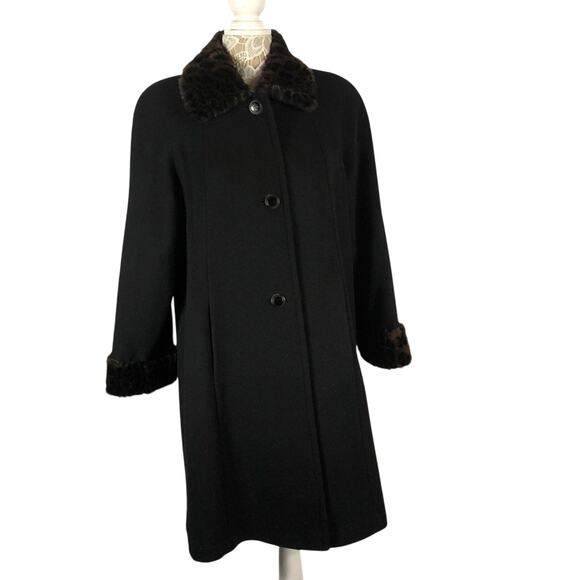 JAD Vintage black wool coat faux fur Cheetah print collar cuffs size medium - Picture 3 of 13